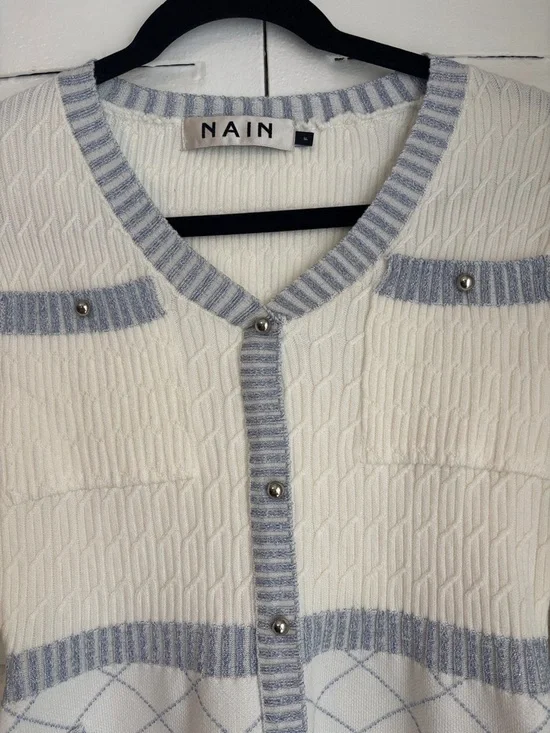 NAIN White Blue Knit Cardigan Dress Button Front Chic Feminine Style - Picture 3 of 16